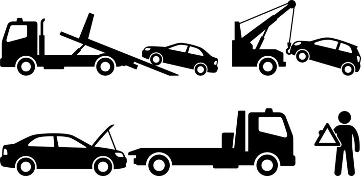 Tow Truck and Roadside Assistance Icon Set with Flatbed Hauler, Wrecker Crane, Broken Down Car, and Warning Sign Silhouette Vector Graphics