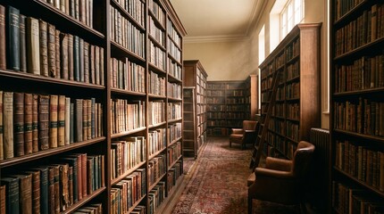 Obraz premium Old Library with Tall Bookshelves and Leather Chairs