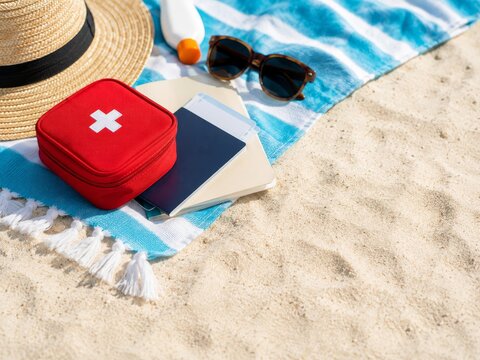 Productos esenciales para un d&iacute;a en la playa sobre una toalla de rayas