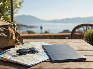 Fototapeta premium Revisión de un mapa y gafas de sol en una mesa al aire libre con vista al agua