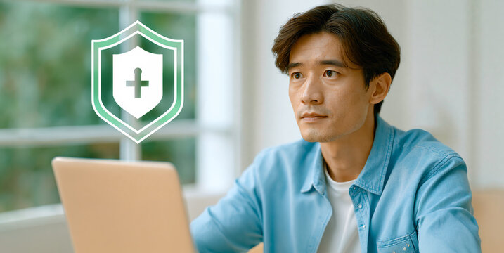 Focused man with glasses working on a laptop with a glowing green shield and cross icon representing data protection with a deeply evocative atmosphere with a deeply evocative atmosphere.