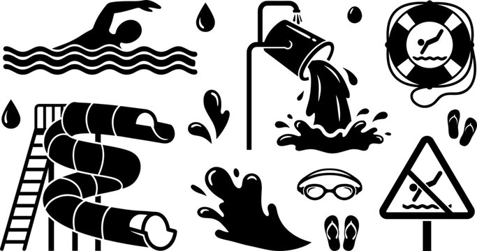 Water Park and Swimming Pool Icon Set with Waterslide Lifesaver and Splash Elements for Summer Recreation and Aquapark Graphic Designs