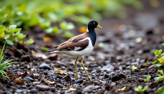 The image features a bird standing on uneven ground composed of small rocks and soil, with lush green foliage in the background