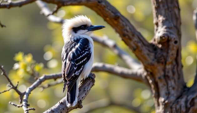The image features a bird perched on a branch of a tree, surrounded by a natural outdoor setting