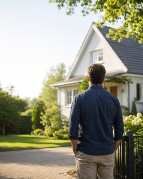 Hombre observa su casa en una tarde soleada mientras se encuentra en el jard&iacute;n