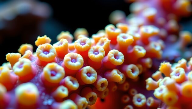 The image features a close up view of a coral colony, showcasing numerous small, vividly colored polyps