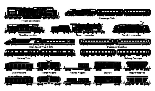 Black and White Rail Transport Silhouette Vector Collection