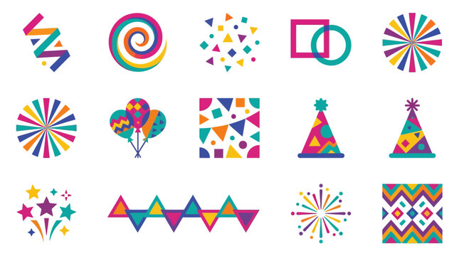 A collection of colorful party and celebration themed icons and design elements.