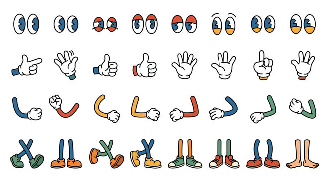 A collection of cartoon character body parts including eyes hands arms and legs.