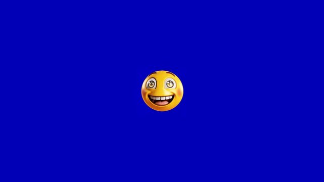 Three identical animated yellow faces expressing joyful excitement floating against a solid vibrant blue background with expressions floating horizontally wide smiling expressions video displays
