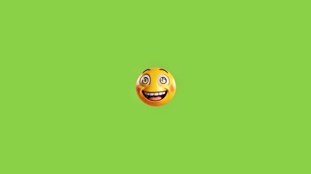 Three identical animated yellow smileys floating across a vibrant green background in a horizontal line with expressions drifting steadily heads joyful expressions bright green backdrop minimalist