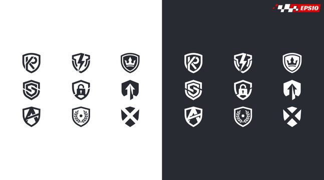 Collection of shield logos with various letter and symbol designs.