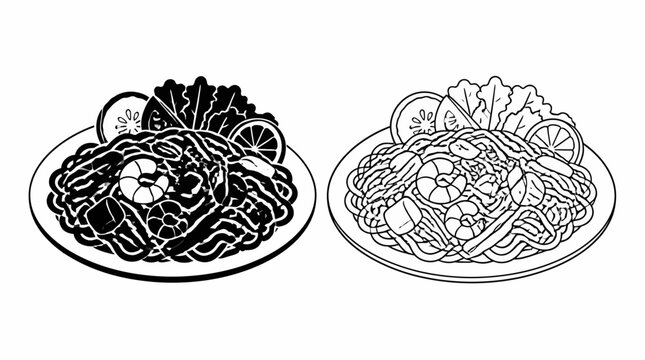 Stir-fried noodles with shrimp and vegetables line art illustration