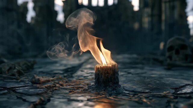 Burning candle illuminates a dark, eerie catacomb scattered with ancient skulls and human remains