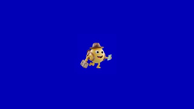 Animated cartoon character traveling with suitcase and map against a solid blue chroma key background with yellow circular cartoon backpack running while character wearing hat video cute yellow