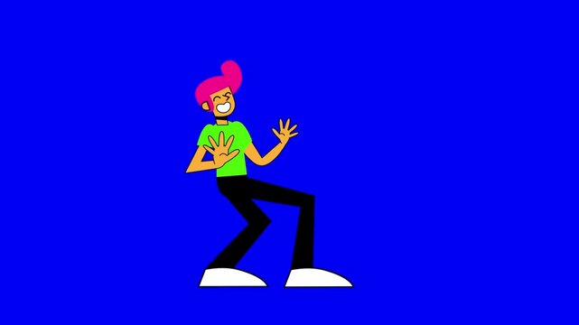 A vibrant cartoon character dancing energetically in a video against a solid blue background.
