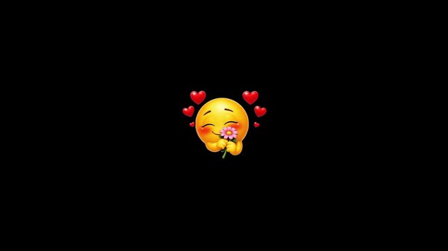 Three identical animated yellow smileys holding pink flowers surrounded by floating red hearts isolated with solid black background smiley faces holding video three communication expression emoji