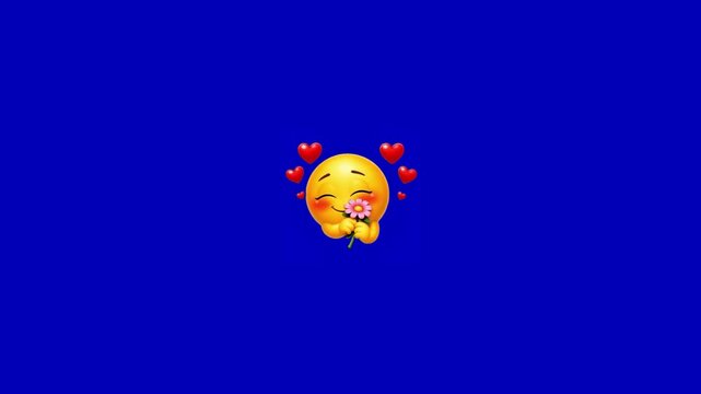Three identical smiling yellow emojis holding pink flowers surrounded by red floating heart icons background with video displays three cheeks holding small expression minimalist happiness romance