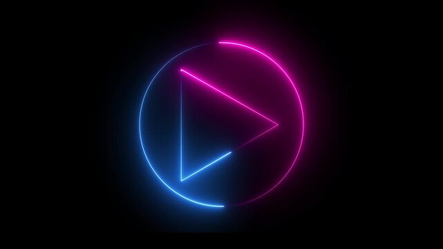 Video, audio neon play button icon animation. glowing play button animation. Press to play. Music play button icon animation in glowing neon pink circle and press icon animation.
