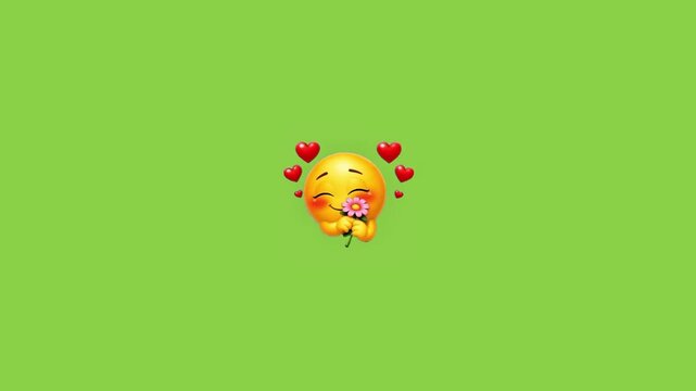 Three cute yellow emoji faces holding pink flowers surrounded by floating red hearts green background with video three adorable yellow smiley faces arranged horizontally flower while surrounded love