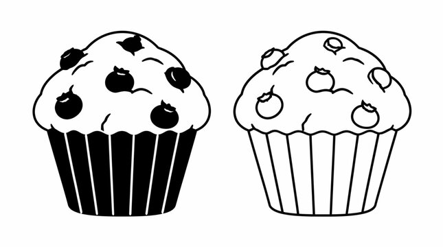 Black and white blueberry muffin icons, simple vector food illustration
