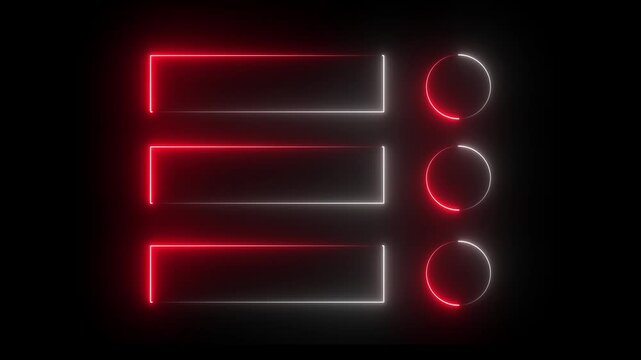 Glowing neon rectangle and circle frame repeating animation. Neon menu button icon animation with pink and cyan color.