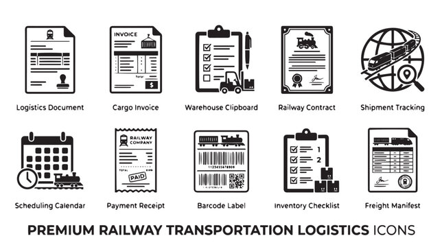 Railway transportation logistics icons set, 10 premium freight shipping and cargo document line vectors, industrial warehouse inventory and shipment tracking symbols
