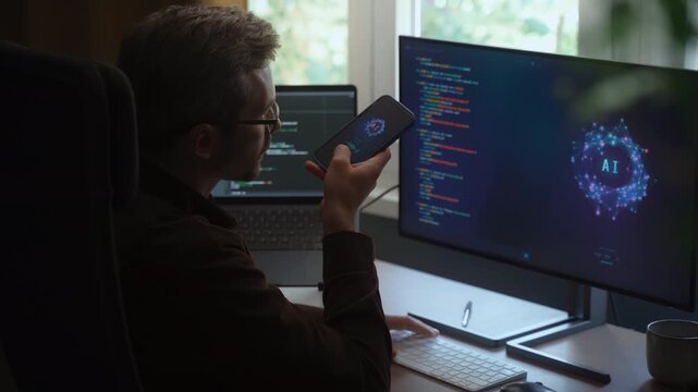 Rear view of coder sitting at desk, using AI voice assistant on a smartphone, giving tasks to artificial intelligence agent on computer, which generates program code. Man interacts with AI chatbot app
