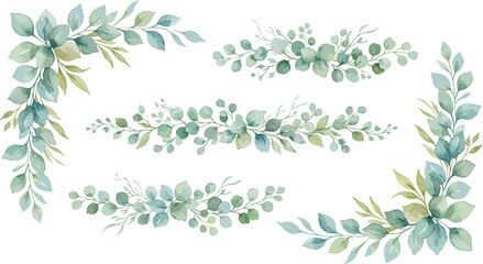 Watercolour eucalyptus leaf borders. Botanical greenery frames for wedding invitations. © Icon Sets