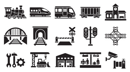 Railway and train station icons set, 15 black vector silhouettes of locomotive and subway transport, railroad infrastructure and logistics symbols © Rehana