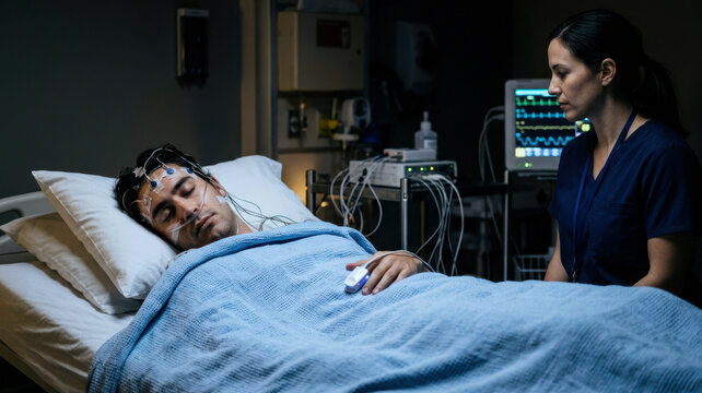 Sports medicine researcher monitoring a sleeping participant in an overnight sleep study with electrodes, oxygen sensor, blanket, and monitor glow.