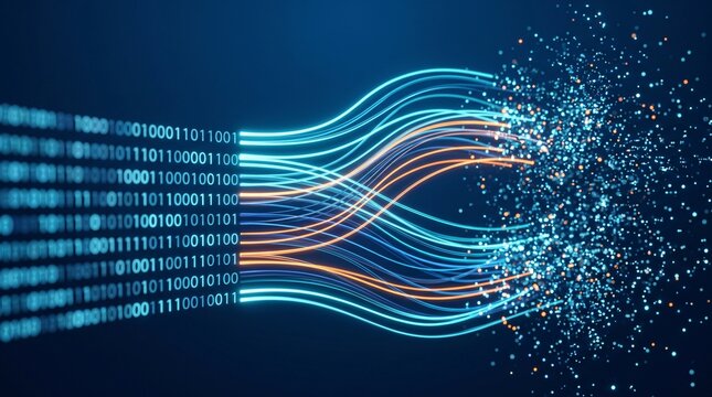 Abstract digital data flow representing fiber optic communication and high speed information transfer with connection transfer technology internet streaming transmission information