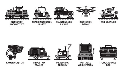 Railway inspection equipment icons set, industrial track maintenance vehicles and tools, 10 black vector silhouettes for rail infrastructure © Muhammad