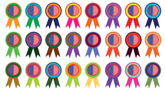 A collection of thirty colorful award ribbons with unique split-design medals arranged in three rows on a white background.