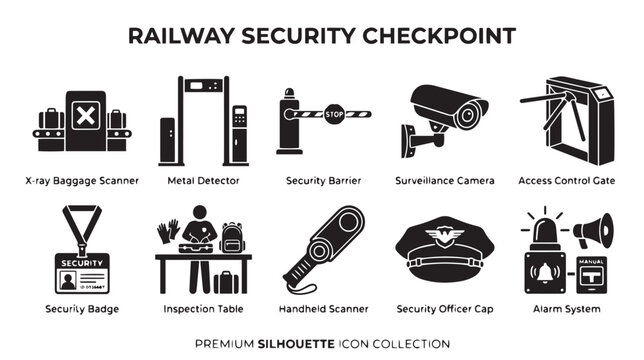 Railway security checkpoint icon set, black silhouette airport safety symbols, 10 transportation security elements for public infrastructure