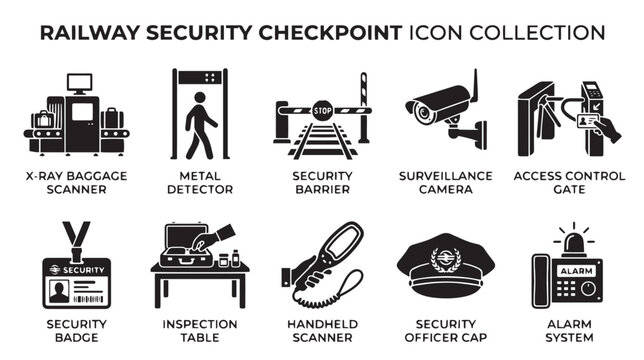 Railway security checkpoint icon collection, black flat vector set of 10 transportation safety symbols, station surveillance and baggage inspection signs