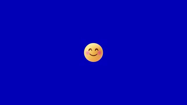 Three cute yellow emoticons with pink cheeks floating smoothly against a solid bright blue background with cheeks drifting horizontally horizontally across vibrant displays three distinct animation