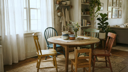 Fototapeta premium Sunlit family dining nook with mismatched colorful chairs, low round table, ceramic bowls, and woven rug.