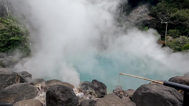 Umi Jigoku is largest among the Beppu Jigoku hot springs. The beautiful cobalt blue color is due to iron sulphate in the hot spring water Beppu Oita Japan - Landscape Travel nature original 