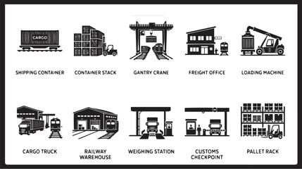 Obraz premium Logistics and shipping icons set, 10 black freight transport vector elements, industrial warehouse and cargo delivery symbols for supply chain management