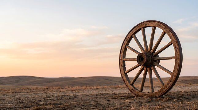 Old wooden wagon wheel standing in a desert landscape at sunset