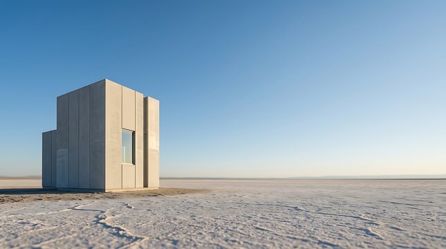 Minimalist concrete house standing in a vast salt flat desert