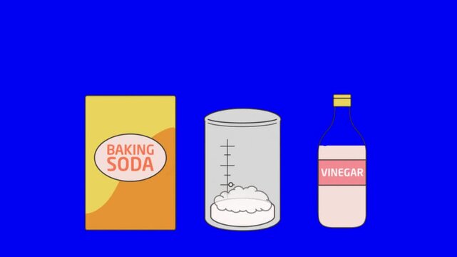 A video showcasing household items for a DIY cleaning solution, featuring baking soda, a measuring cup, and white vinegar on a blue background