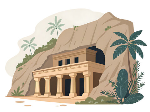 Modern minimal vector illustration of the Elephanta Caves, isolated on white background, cave entrance silhouette, minimal flat style