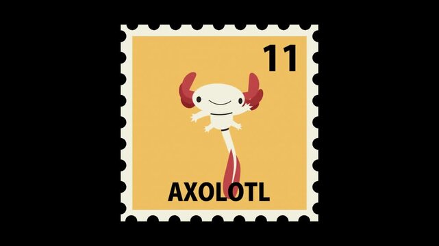 A video showcasing a cute cartoon axolotl on a vibrant yellow postage stamp with the number 11