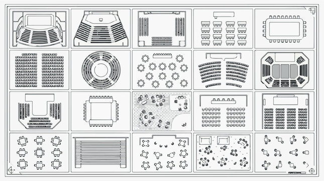 Architectural seating plan icons, 20 vector floor plan layouts for theater and stadium seating, technical blueprint map symbols for event planning