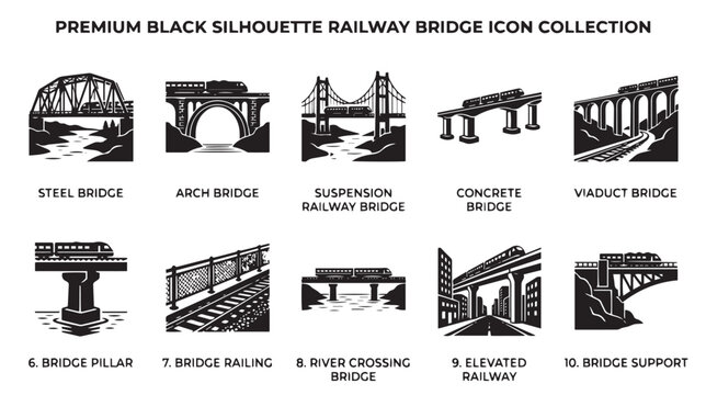Premium black silhouette railway bridge icon collection, set of 10 vector bridge engineering elements, steel arch and suspension railway bridge symbols