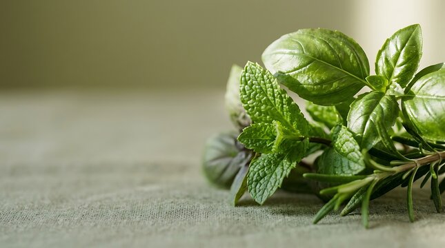 Fresh basil mint and rosemary sprigs on a linen surface