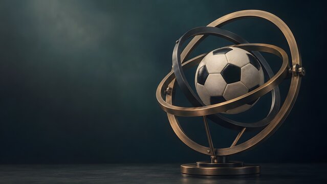sports football centered inside a mechanical gyroscope symbolizing balance control and strategic performance

