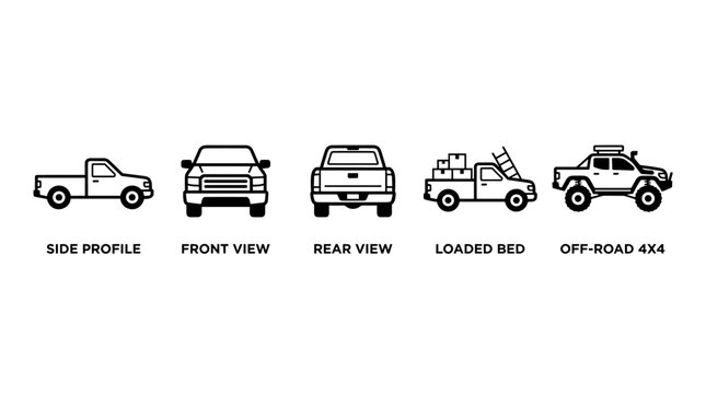 Set of Pickup Truck Icons in Various Perspectives